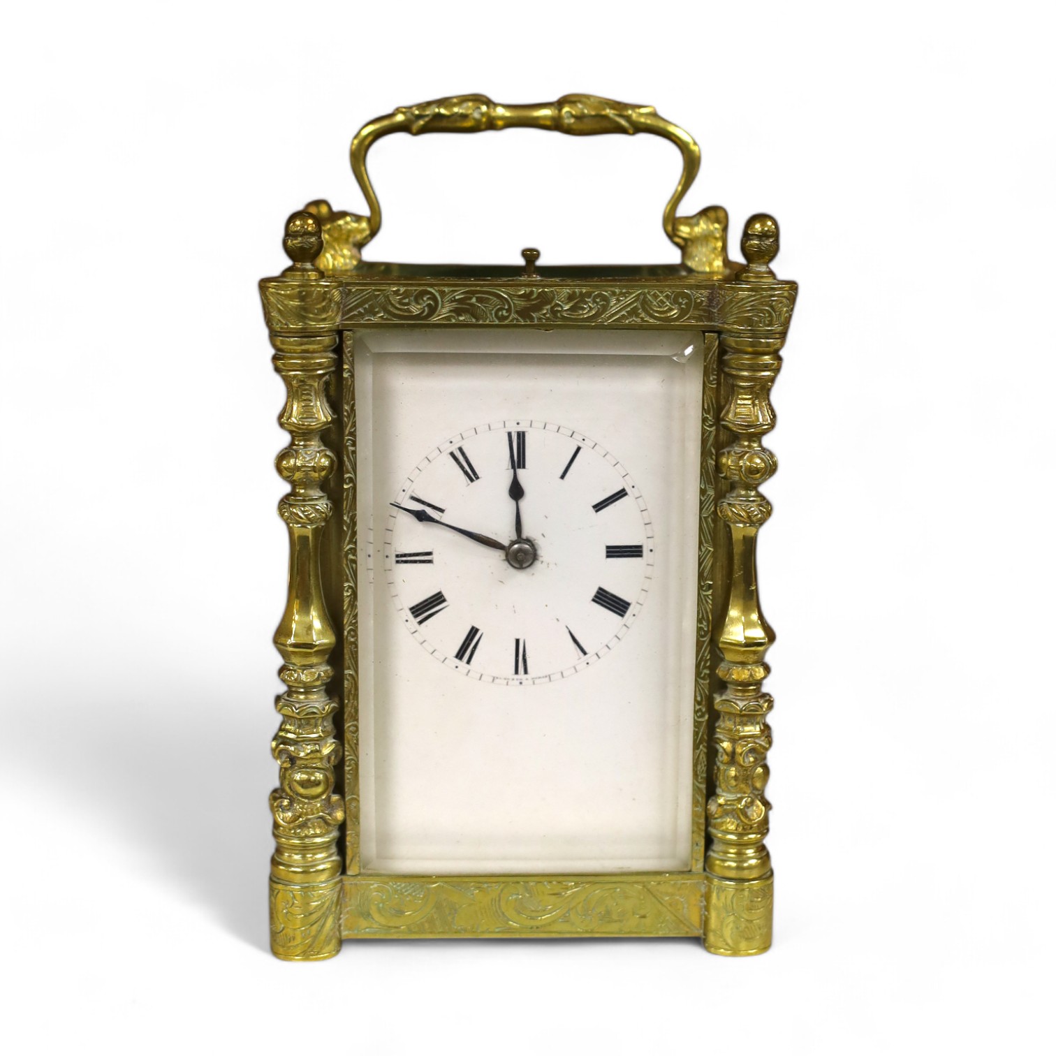 A repeating carriage clock by Auguste, Paris (missing bell), 13.5cm including handle. Condition - case and glass fair, untested if working